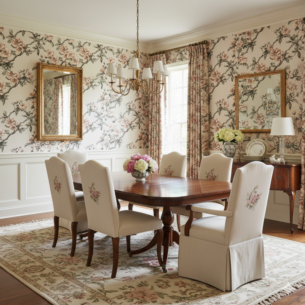 Floral camellia wallpaper with blooming vines, complemented by matching curtains and elegant traditional dining room decor.