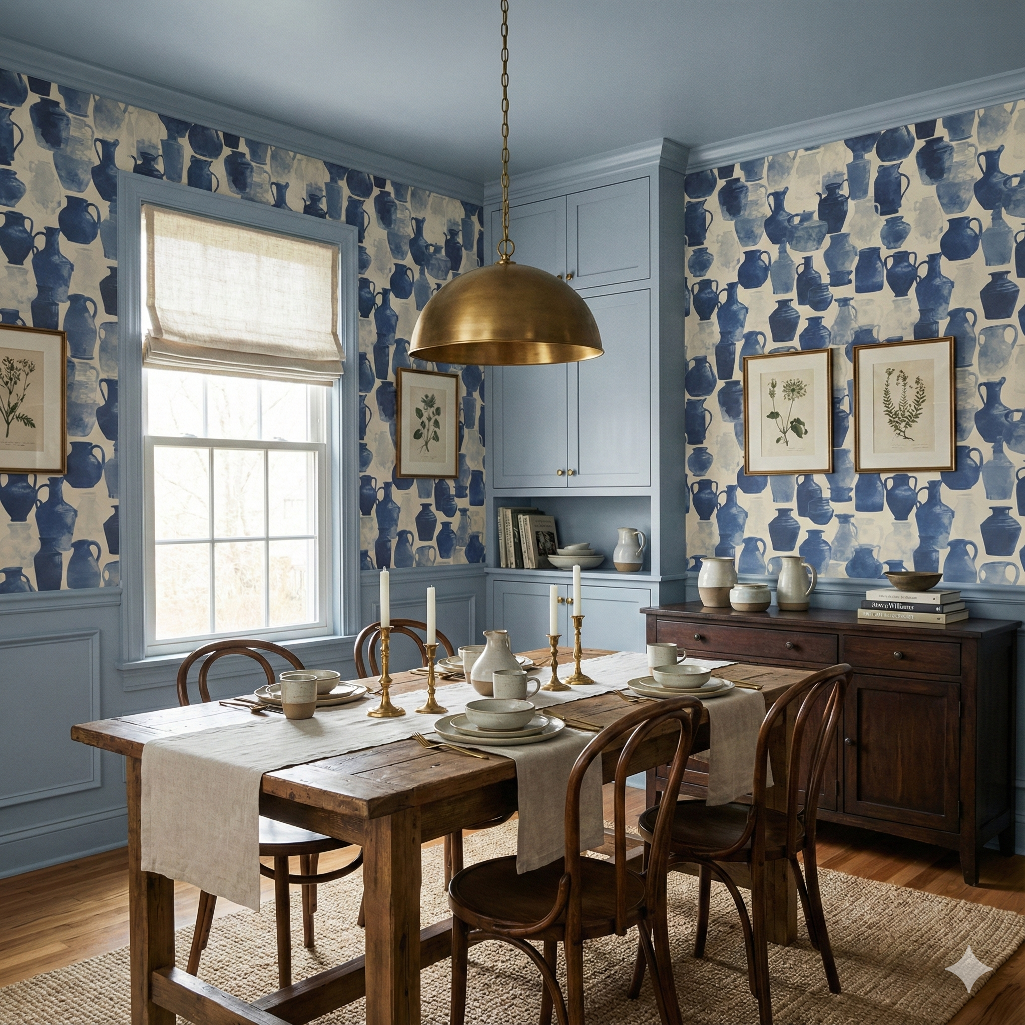 Blue indigo kilnware wallpaper with jar patterns, by an unspecified brand, adorning a stylish dining room.