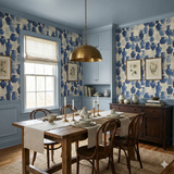 Blue indigo kilnware wallpaper with jar patterns, by an unspecified brand, adorning a stylish dining room.
