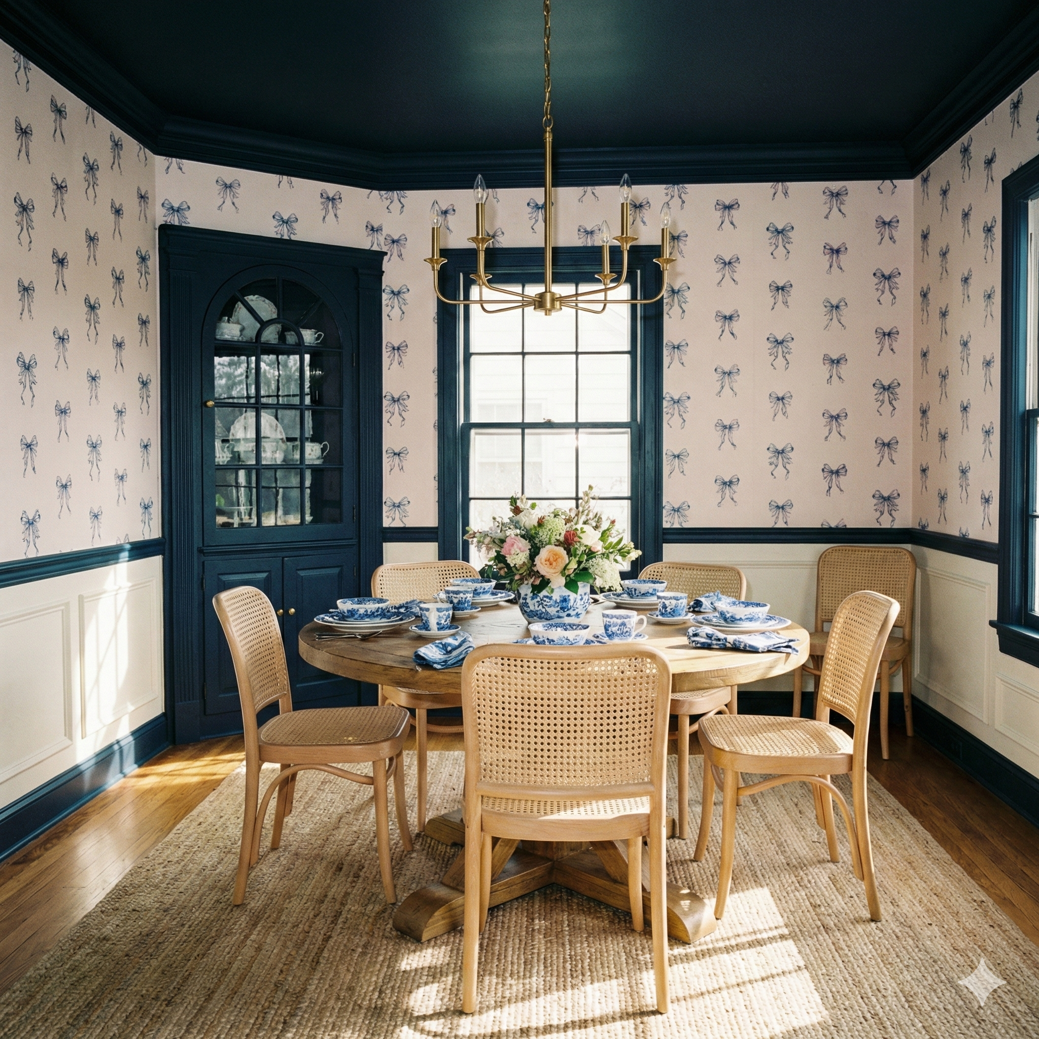 Coquette wallpaper with blue ribbon pattern on a light background, styled in dining room.