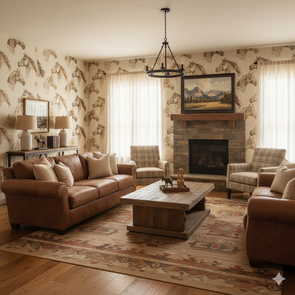 Neutral horse print wallpaper with brown accents, textured style.