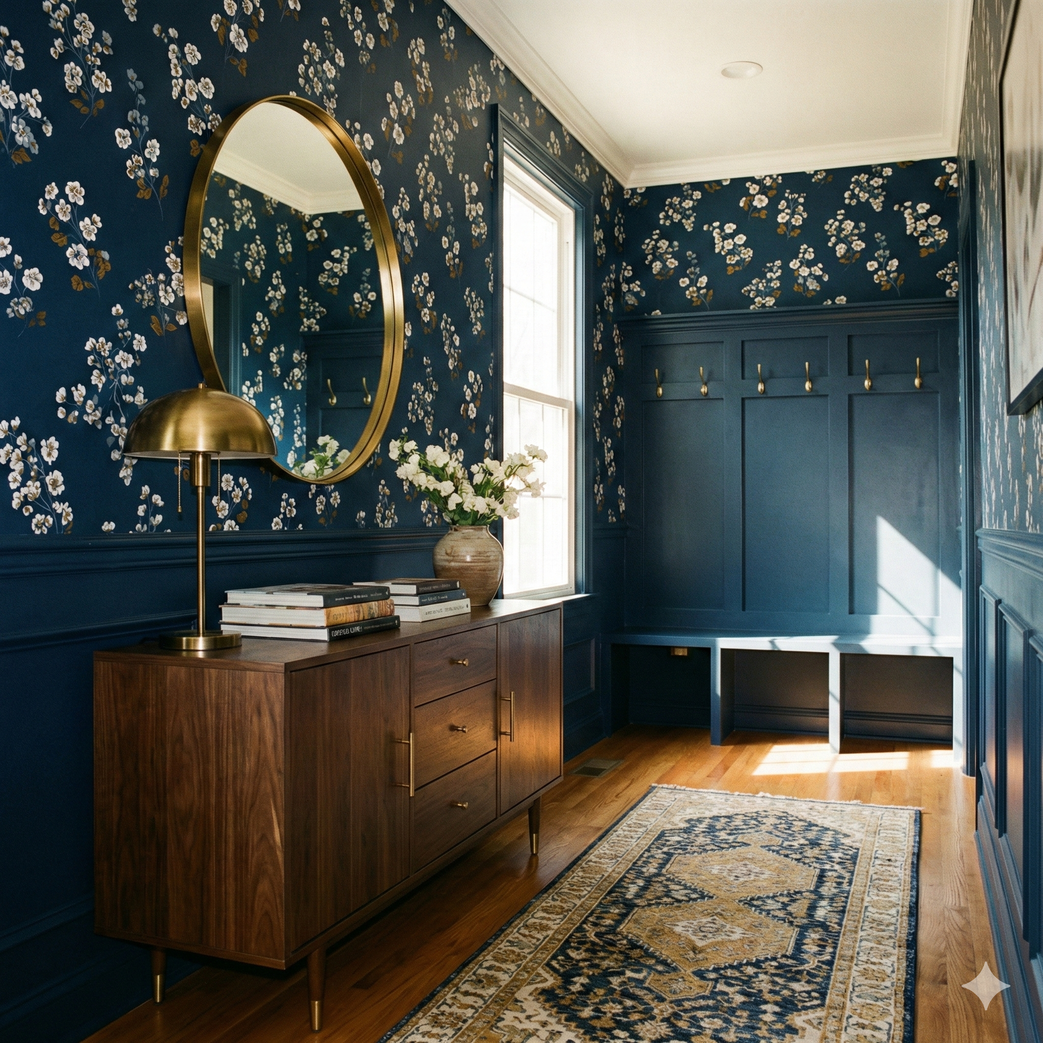 Floral wallpaper with a blue background by Vera Grace, featuring a white and brown flower pattern.