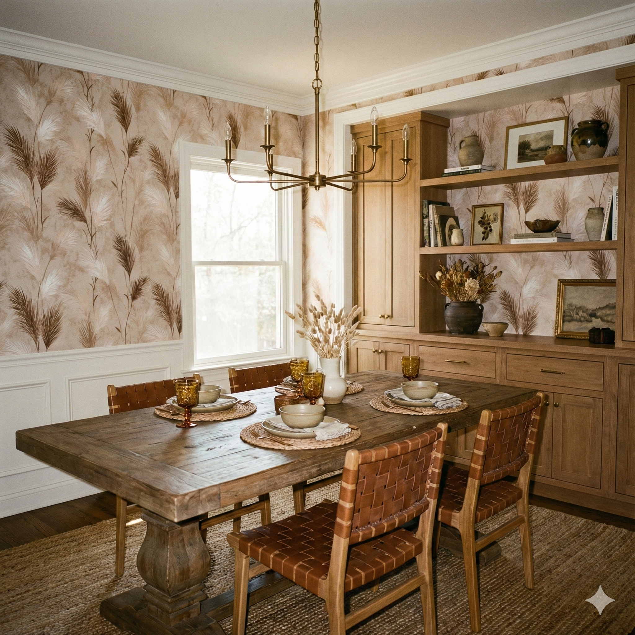 Sundrift Pampas wallpaper with neutral tones and botanical pattern, styled on a dining room wall.
