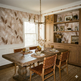 Sundrift Pampas wallpaper with neutral tones and botanical pattern, styled on a dining room wall.
