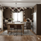 Plaid wallpaper with red, black and white pattern filling a kitchen space.
