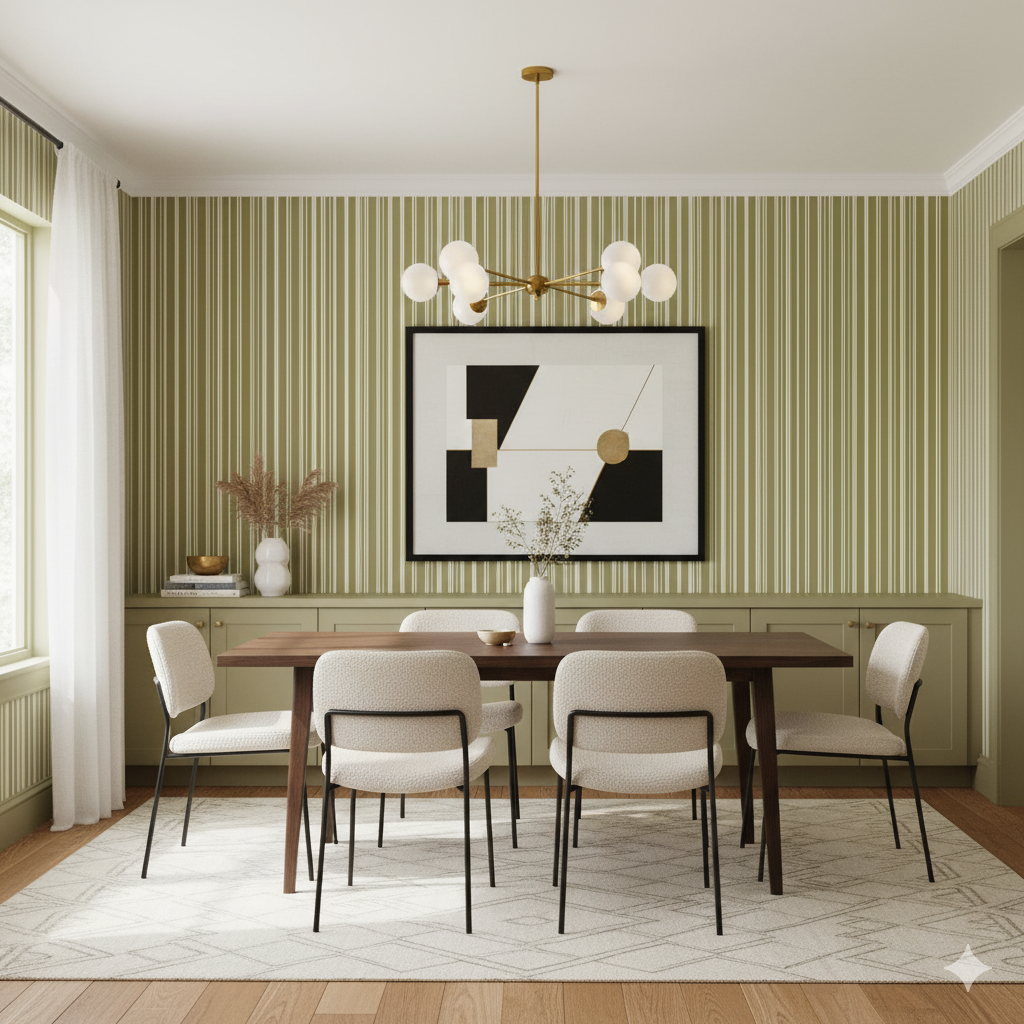 Olive green striped Mossline Wallpaper, by Brewster, creating a textured vertical pattern on the dining room walls.
