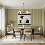 Olive green striped Mossline Wallpaper, by Brewster, creating a textured vertical pattern on the dining room walls.
