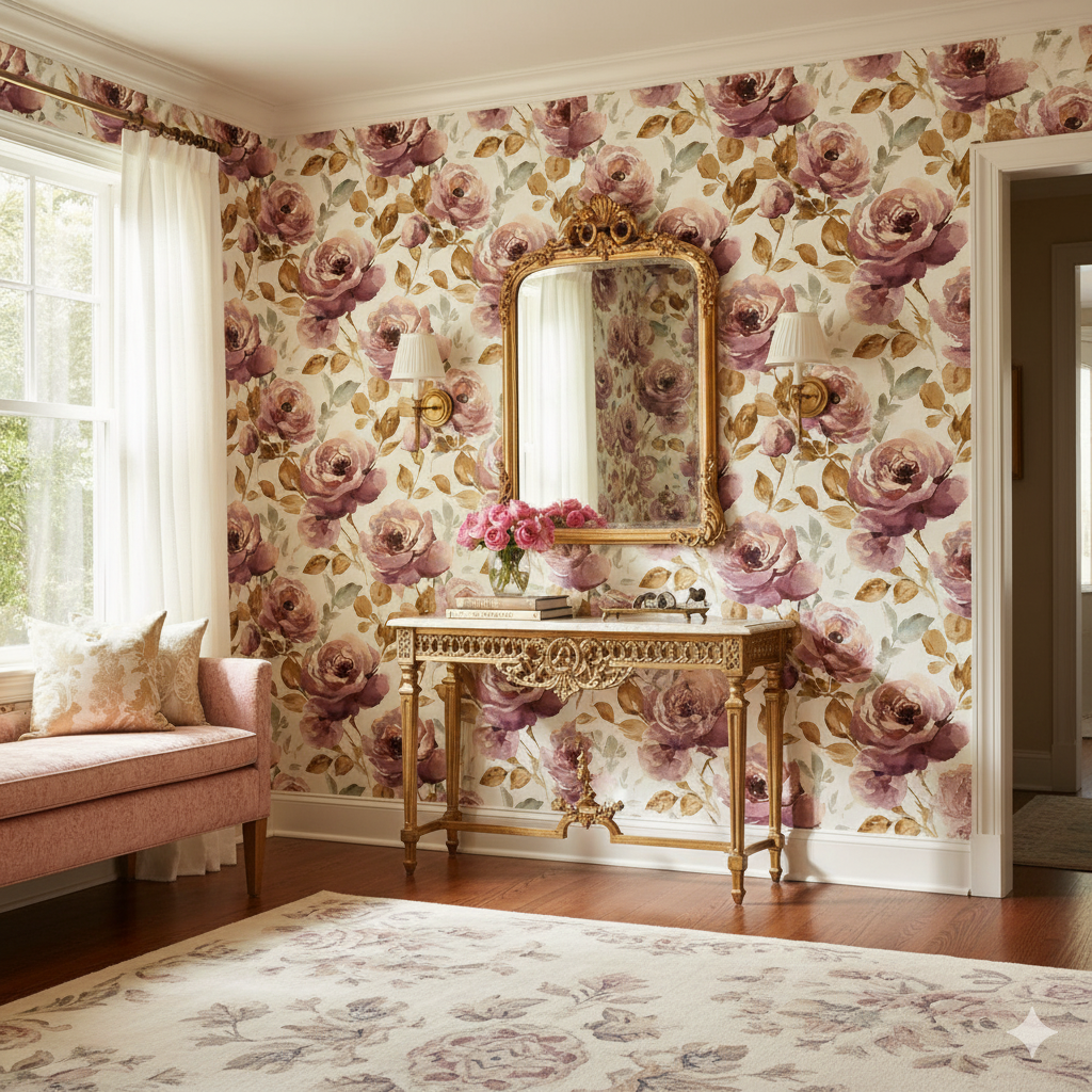 Floral rose wallpaper with purple and brown tones, patterned all over.
