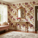 Floral rose wallpaper with purple and brown tones, patterned all over.
