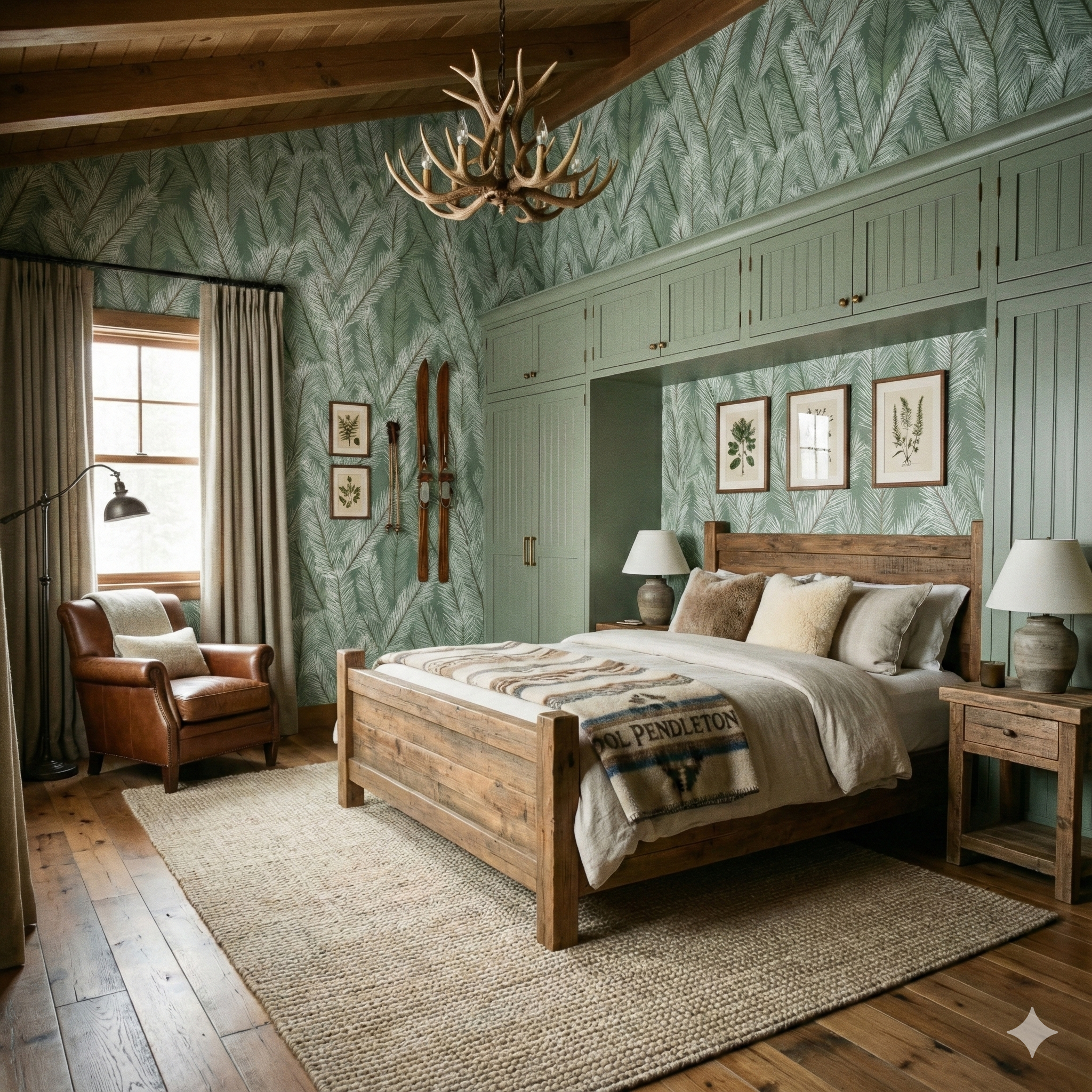 Green Evergreen Vale Wallpaper with leafy pattern on the bedroom wall.