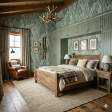 Green Evergreen Vale Wallpaper with leafy pattern on the bedroom wall.