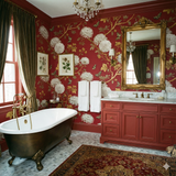 Crimson Helios Wallpaper with a floral and butterfly pattern, adorning a classically styled bathroom.