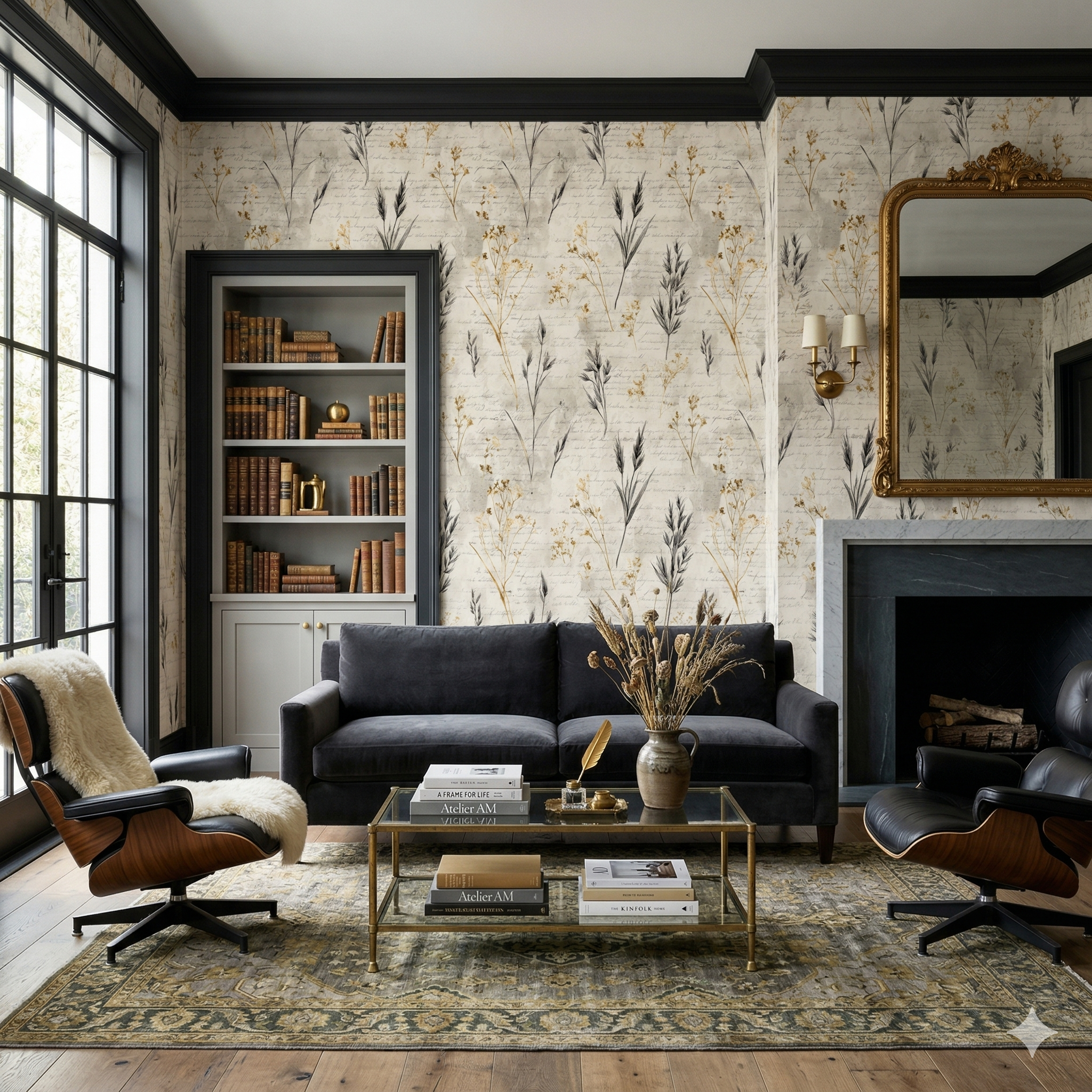 Patterned wallpaper with wheat illustrations on a handwritten-script background.
