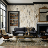 Patterned wallpaper with wheat illustrations on a handwritten-script background.
