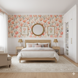 Floral field wallpaper with tulip pattern, decorative wall art, and complementing interior design.