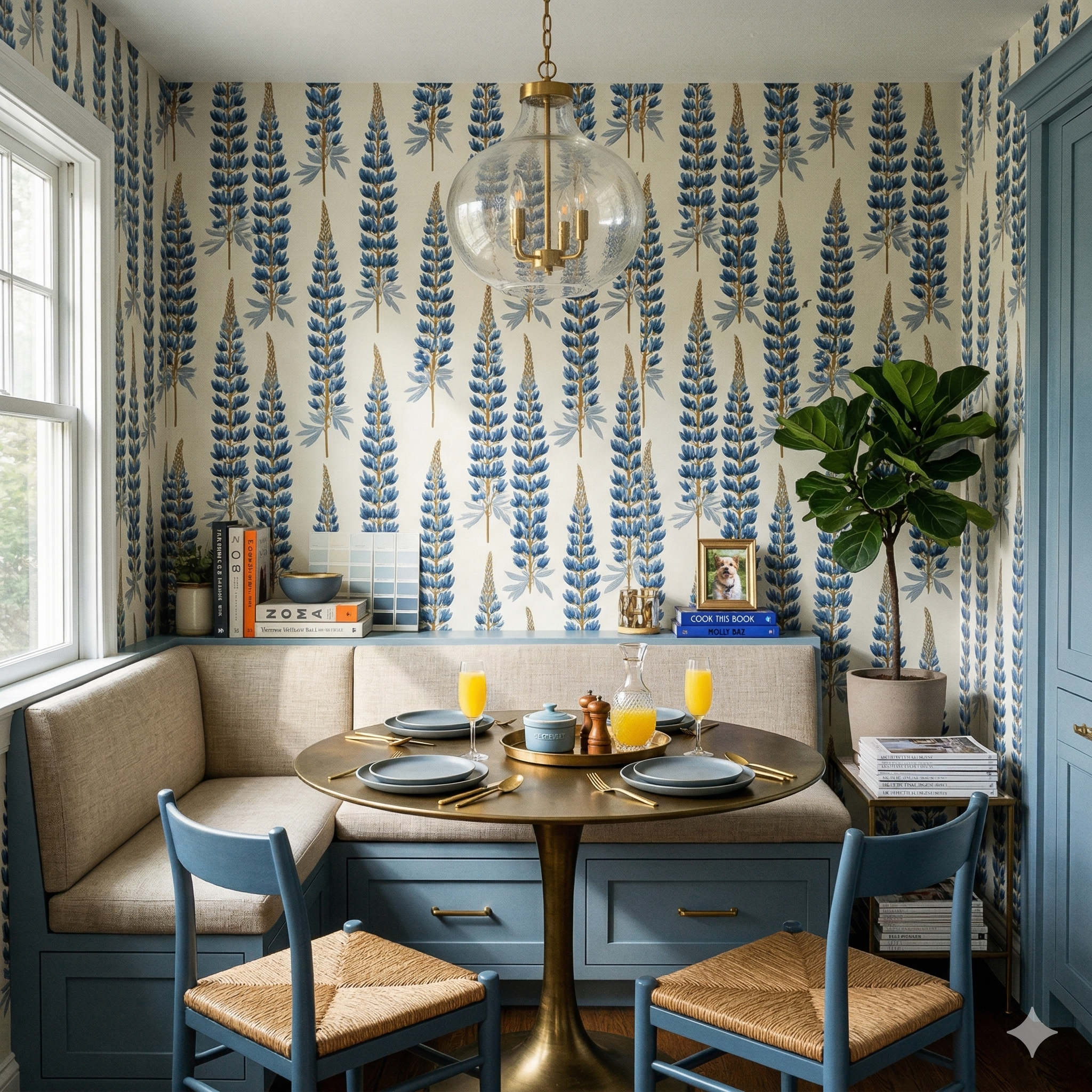 Blue botanical wallpaper with lupine floral pattern, light beige background.