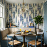 Blue botanical wallpaper with lupine floral pattern, light beige background.