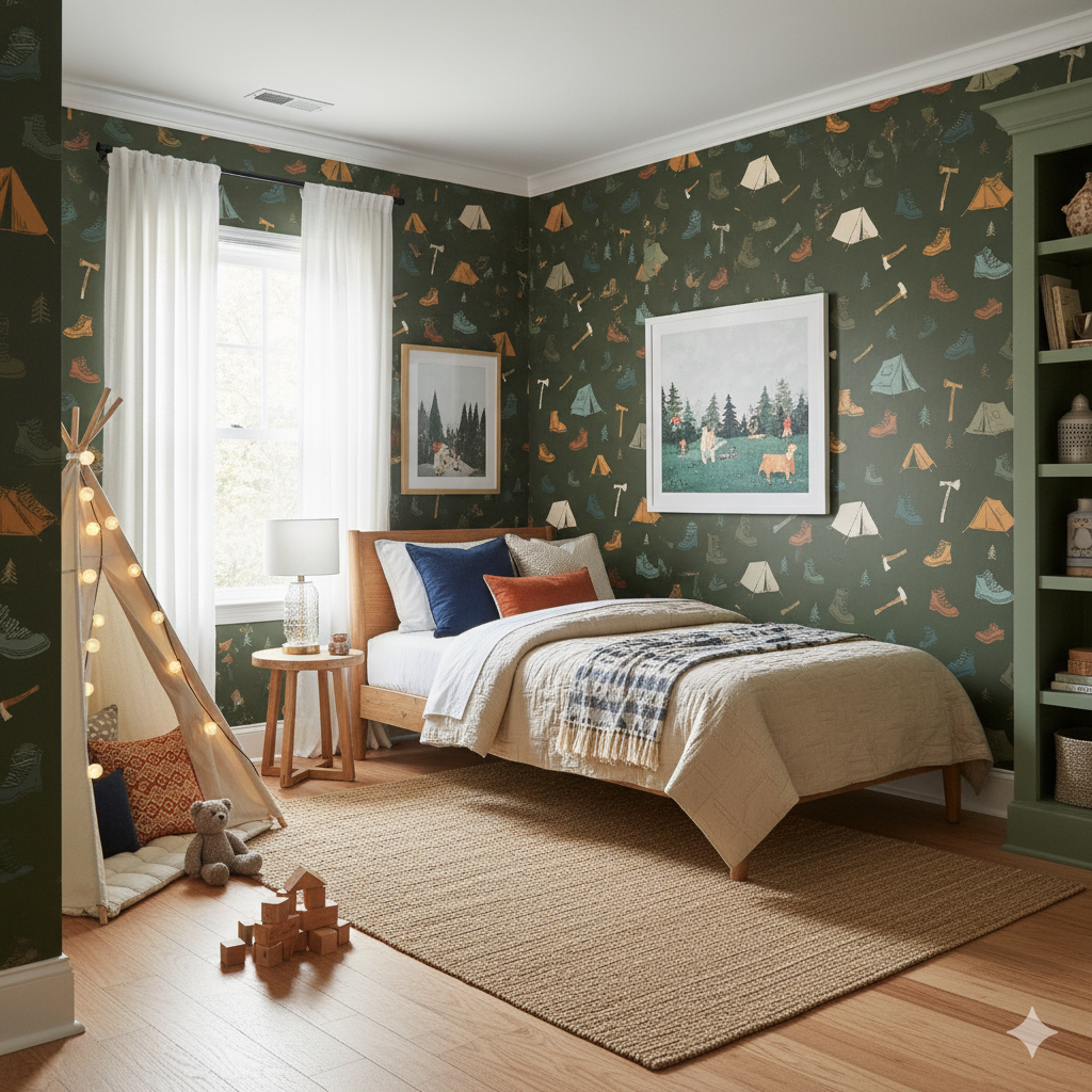 Outpost Camp wallpaper featuring tents, axes, and boots, with an olive green background, covering a child's bedroom.