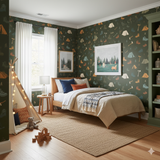 Outpost Camp wallpaper featuring tents, axes, and boots, with an olive green background, covering a child's bedroom.