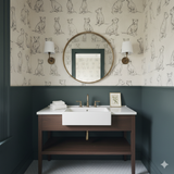 Patterned wallpaper by York Wallcoverings featuring a dog motif, above a dark green wainscot.