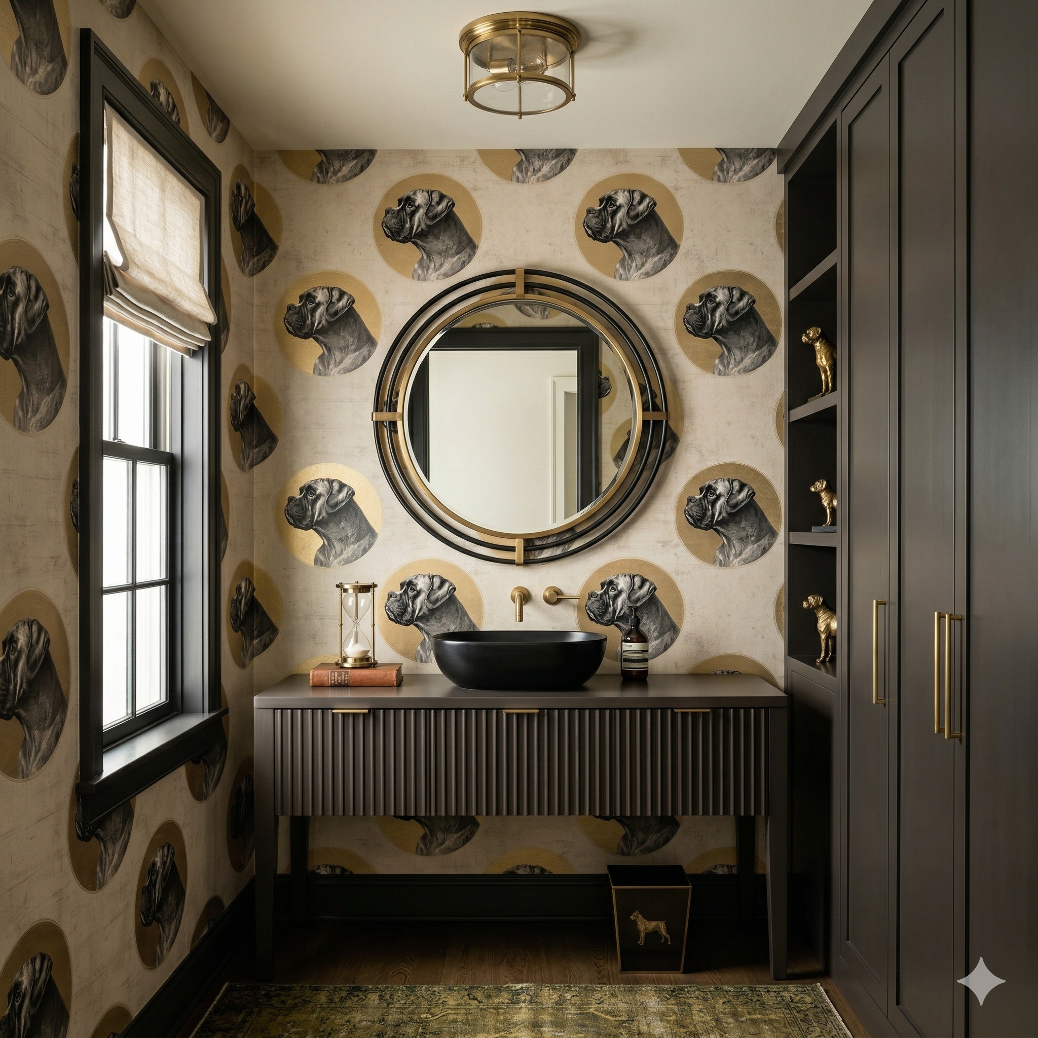 Garrick Medalion wallpaper with dog portraits, from Brewster Home Fashions, in a powder room with a round mirror and gray cabinetry.