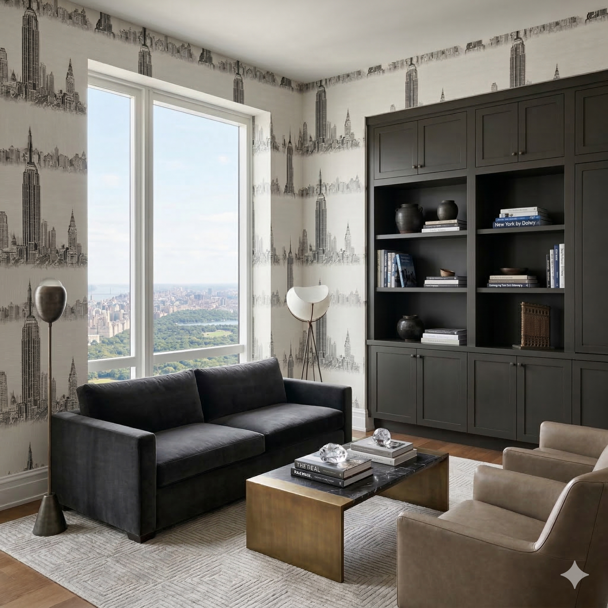 Gotham Meridian Wallpaper with a cityscape pattern, covering a room's walls and visible through a large window.
