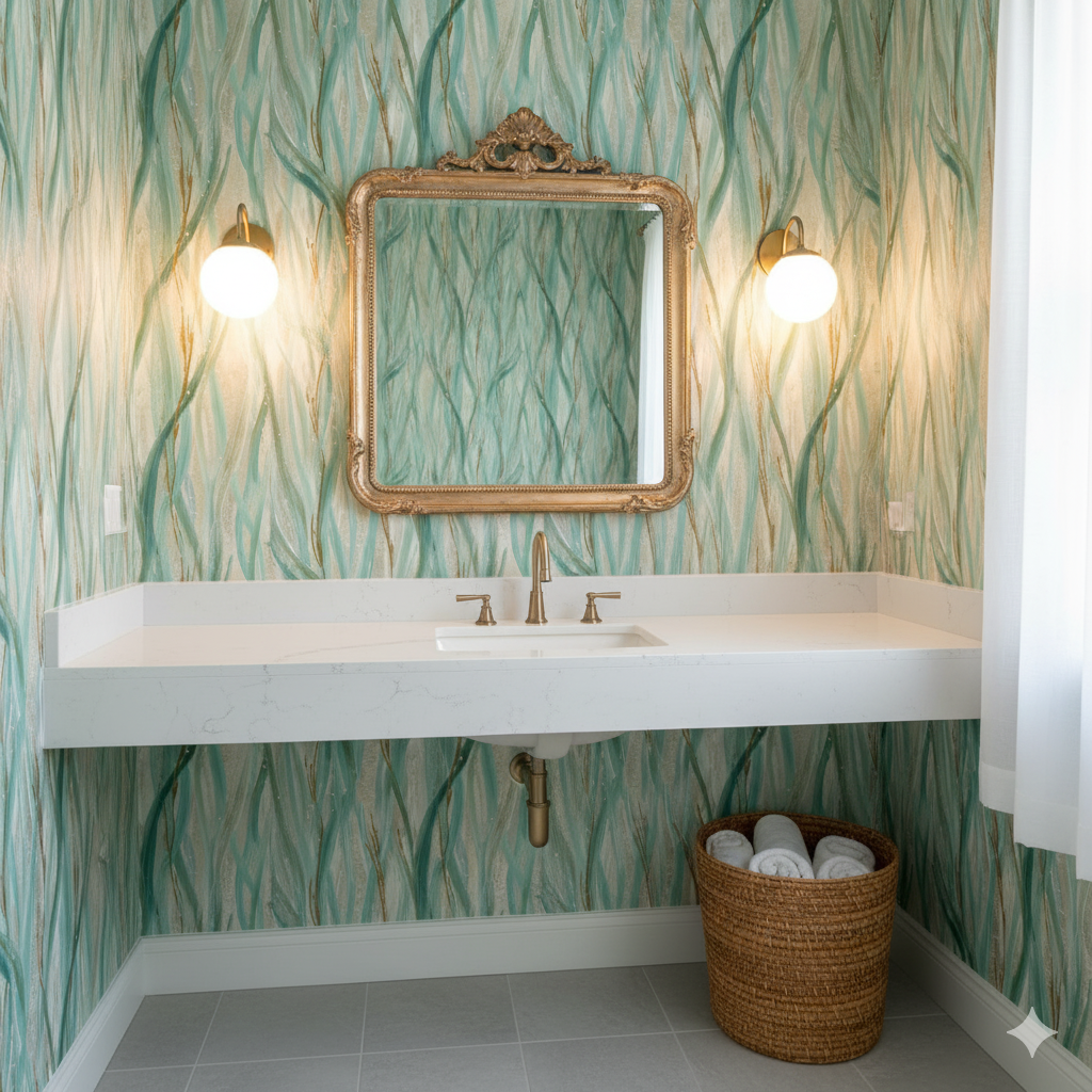 Tidegrass wallpaper with blue and green wavy lines, with golden accents, visible behind a white vanity and golden mirror.
