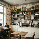 Cortado Atelier Wallpaper with coffee-themed graphics on a light, neutral background.
