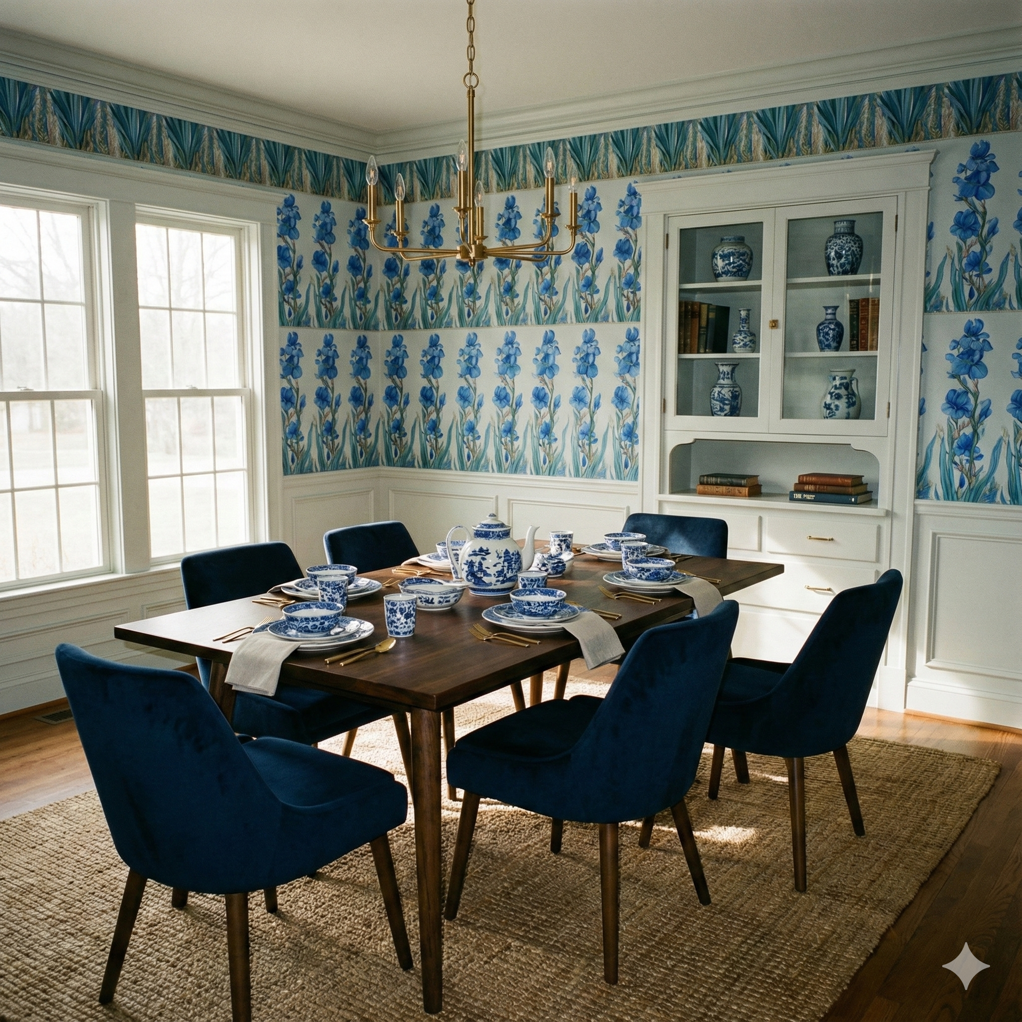 Floral Iris Promenade Wallpaper with a blue iris pattern, covering the walls of a dining room.