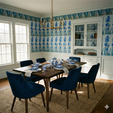 Floral Iris Promenade Wallpaper with a blue iris pattern, covering the walls of a dining room.