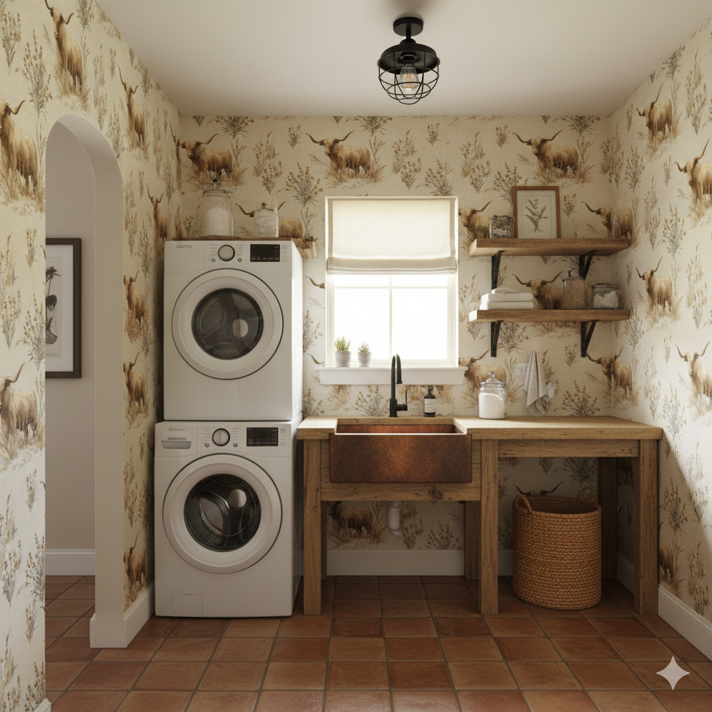 High Plains Longhorn wallpaper featuring a pattern of cattle in a laundry room setting.