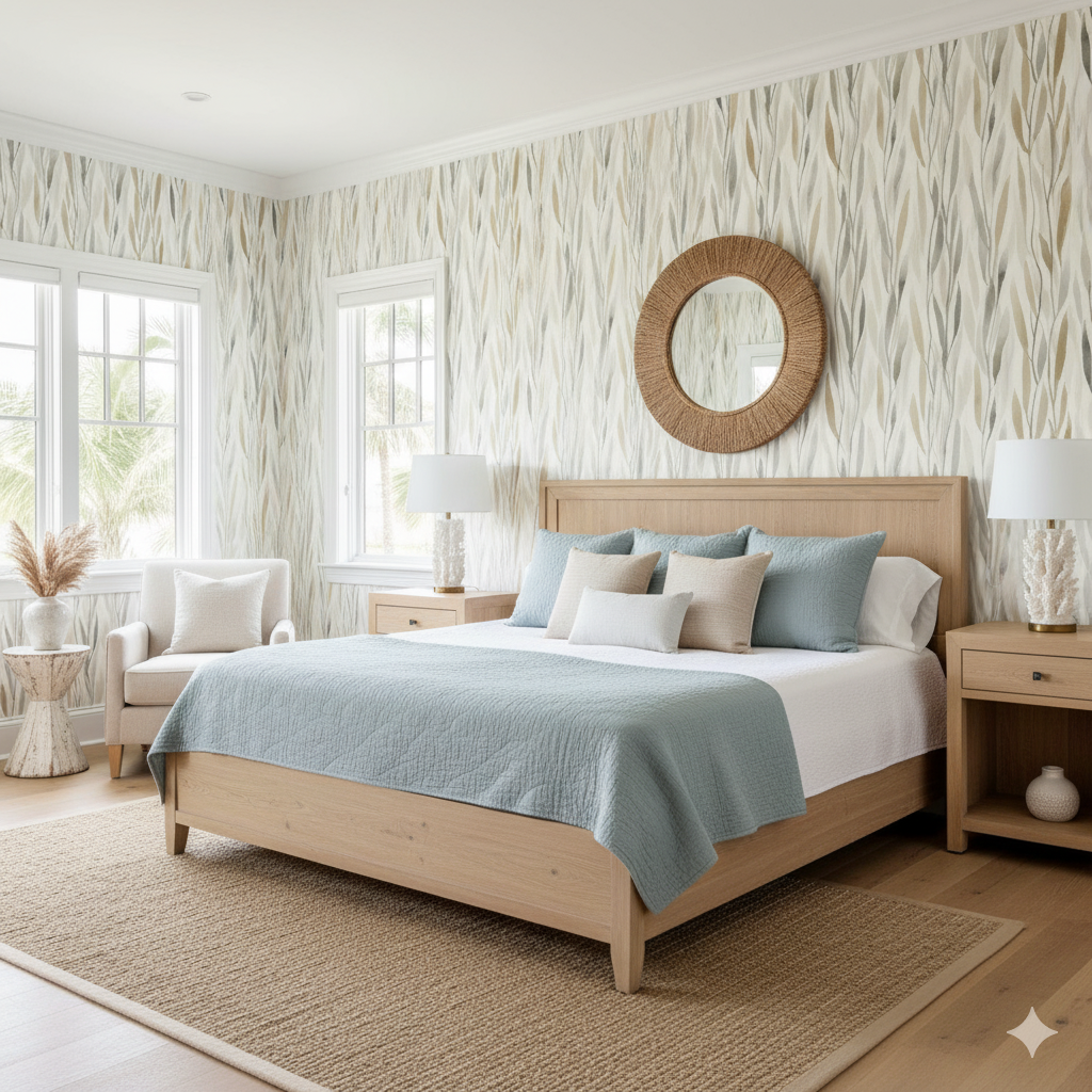 Coastal Sway Wallpaper with leaf pattern, textured wallpaper showing bedroom interior with bed and nightstands.