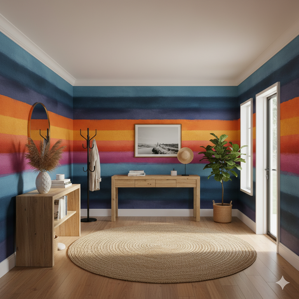 Colorful striped Mesa Horizon Wallpaper with horizontal bands of blue, orange, and magenta.
