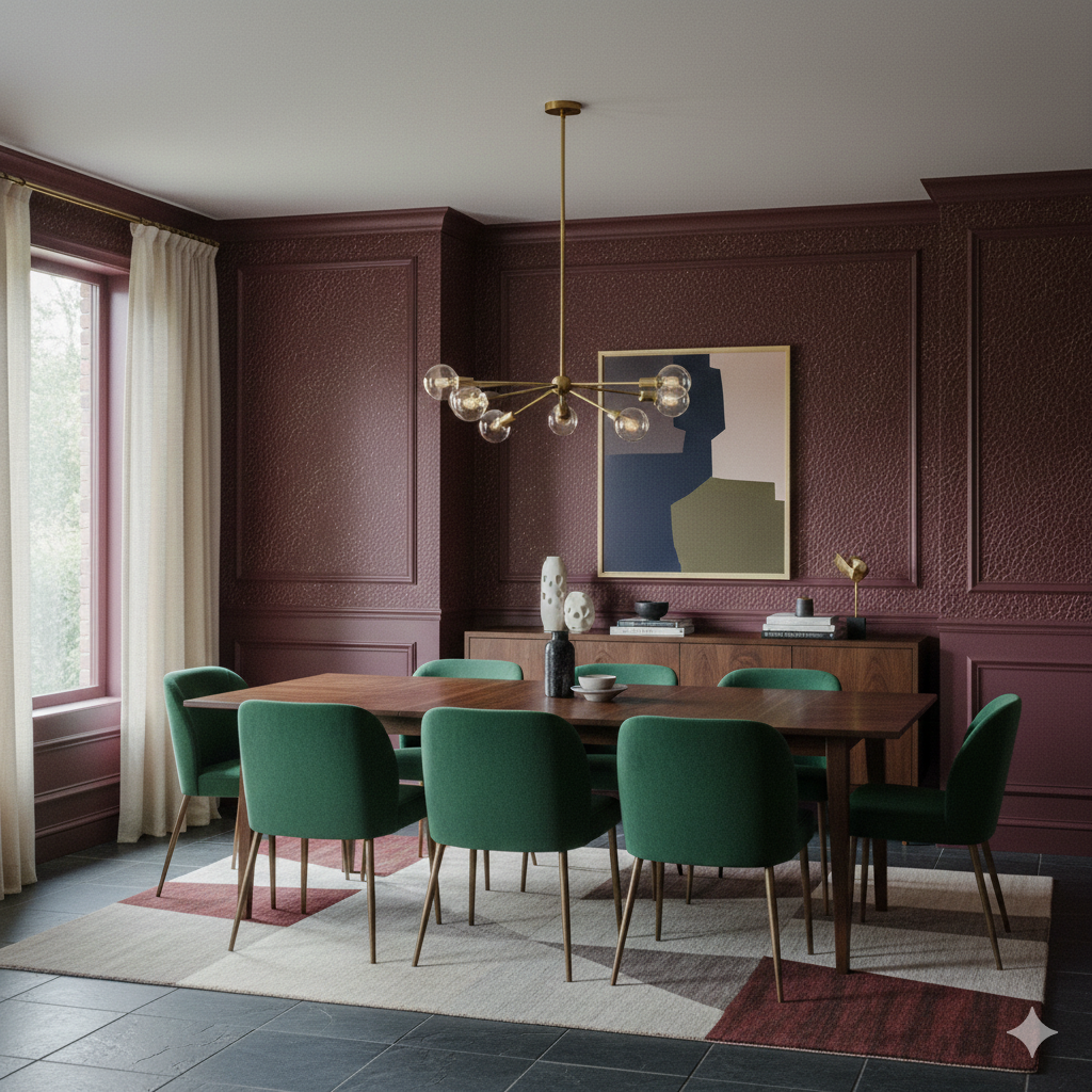 Oxblood estate wallpaper with textured surface, covering a dining room with modern furniture.
