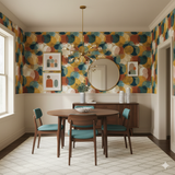 Patterned Solaris Wallpaper with circles on yellow, red, and teal background.