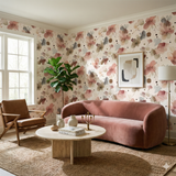 Floral pattern wallpaper by Wallshoppe with a pink, beige, and gray color palette.