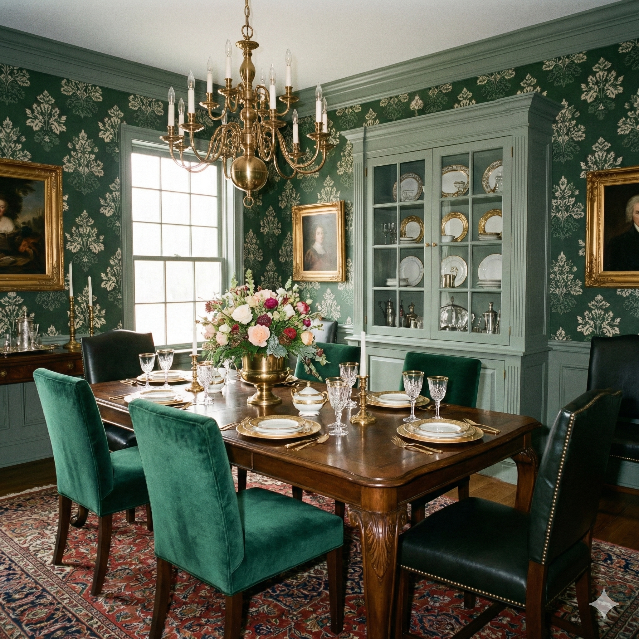Green floral wallpaper with damask pattern, Hearthwood Heraldry Wallpaper, in a traditionally decorated dining room.
