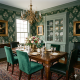 Green floral wallpaper with damask pattern, Hearthwood Heraldry Wallpaper, in a traditionally decorated dining room.
