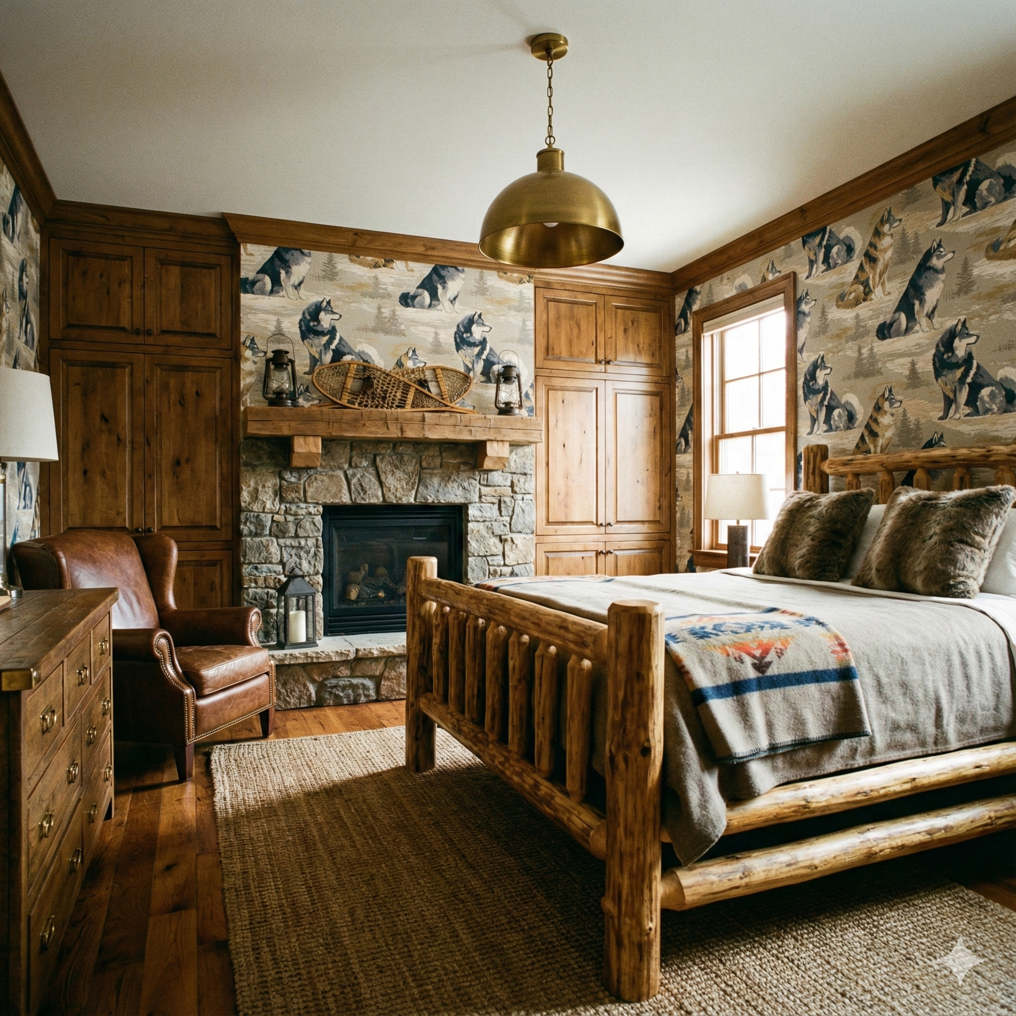 Scenic wallpaper with a husky pattern, showcasing trees and a lodge style design.
