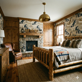 Scenic wallpaper with a husky pattern, showcasing trees and a lodge style design.
