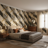 Golden Ascent Wallpaper with abstract geometric patterns covering the bedroom wall.