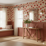 Floral patterned wallpaper with a red bloom design on beige, covering the walls.