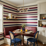 Striped Mariner’s Interval Wallpaper with horizontal red, blue, and beige stripes.