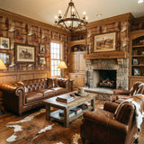 La Grange Wallpaper with a cowboy boot pattern, covering a traditional living room.
