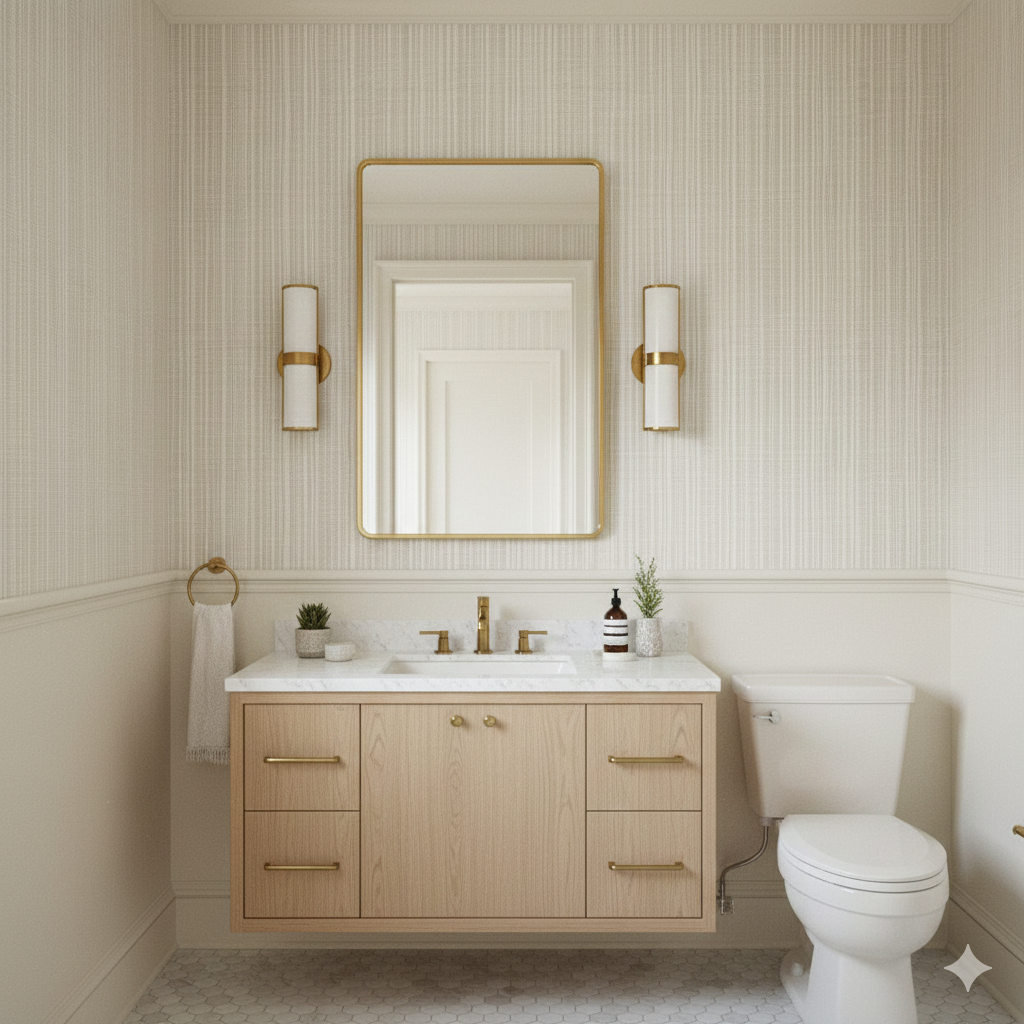 Linen cross wallpaper with vertical stripes, covering the bathroom wall above the chair rail.
