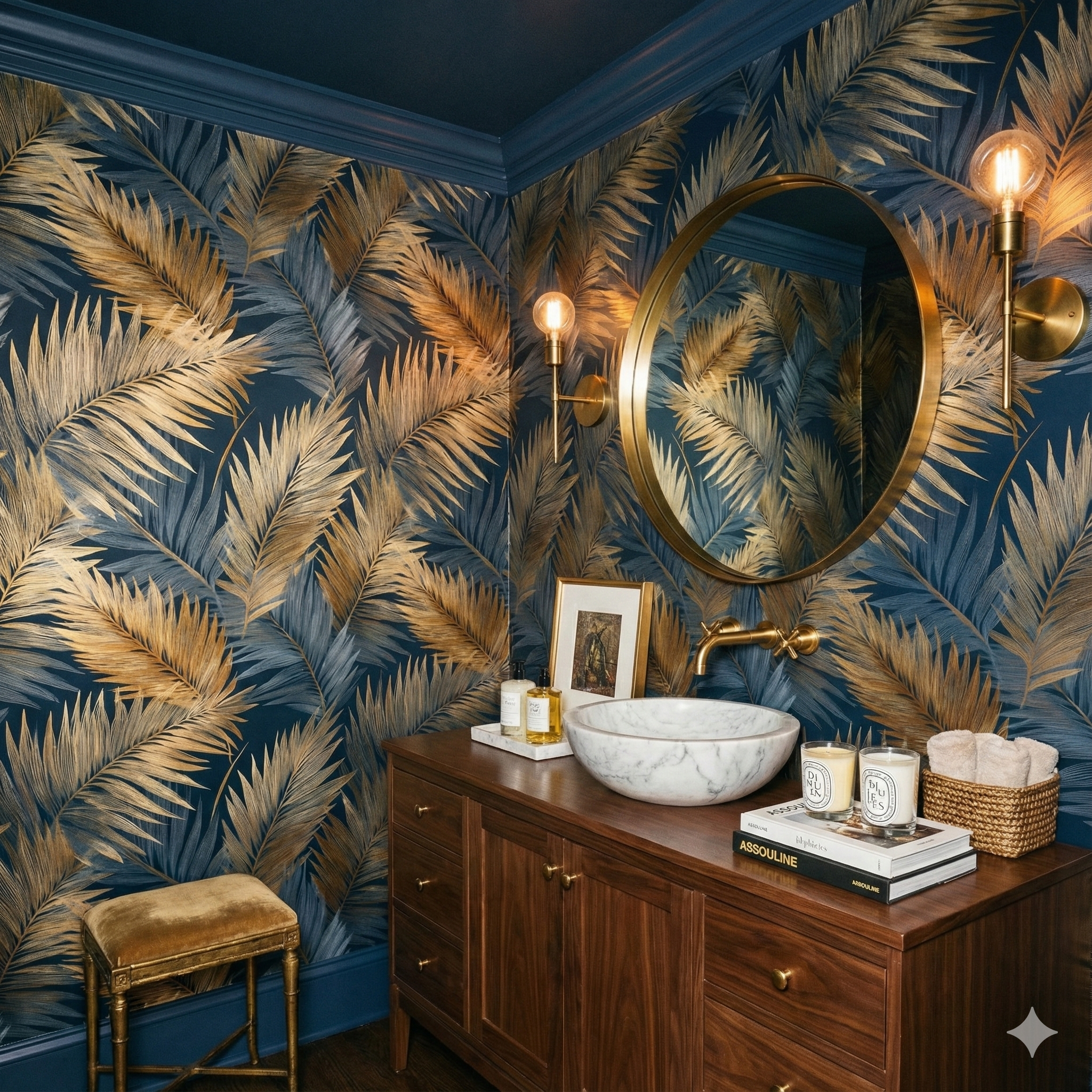 Tropical palm leaf wallpaper with blue background and golden accents.
