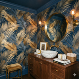 Tropical palm leaf wallpaper with blue background and golden accents.
