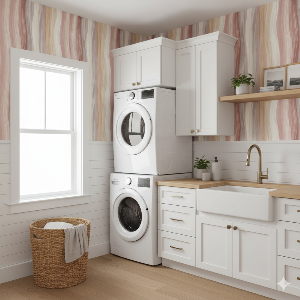 Rosewood Current Wallpaper with pink and beige flowing wave patterns, textured finish.