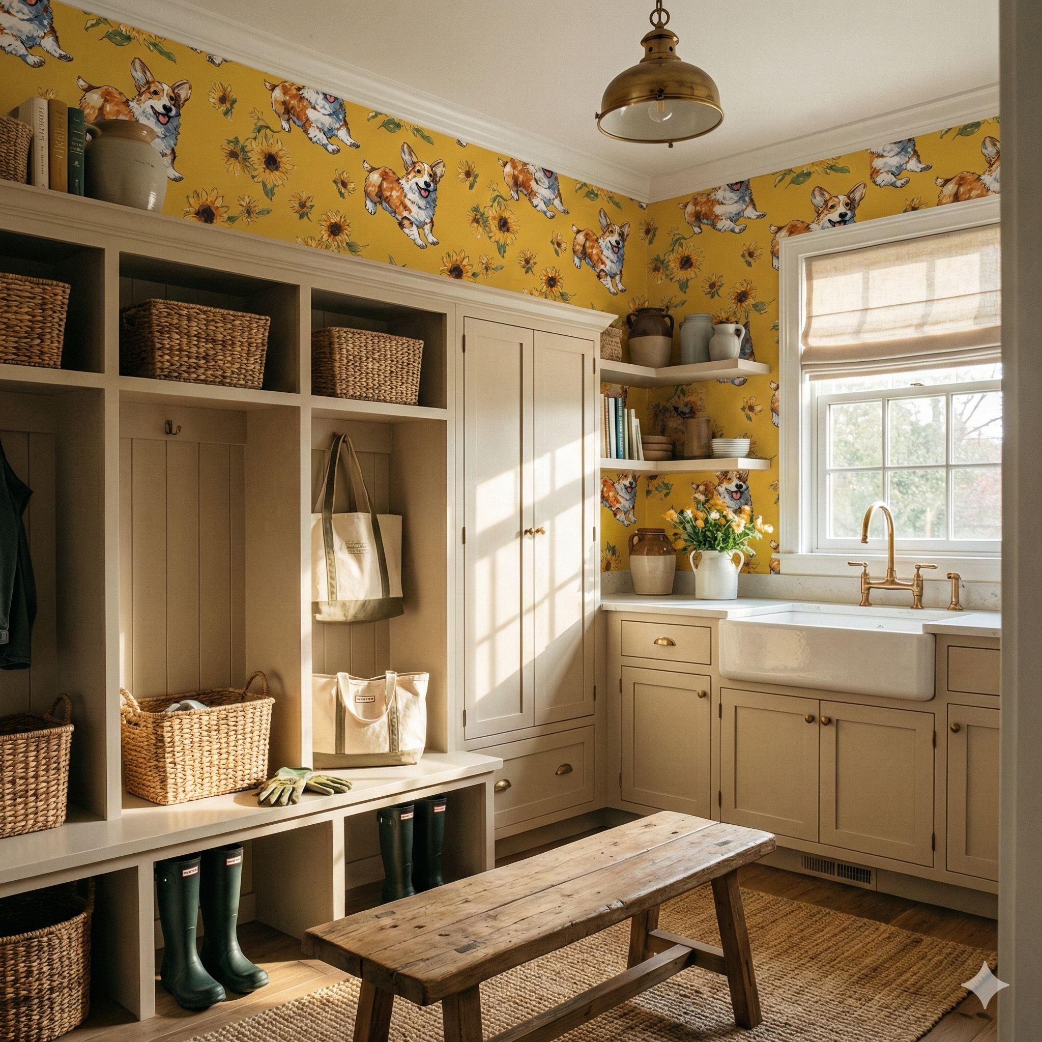 Corgi and sunflower print wallpaper, Soleil & Scout Wallpaper, covering the walls in a traditional style mudroom.
