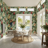 Tropical wallpaper with parrot and monstera pattern on a white background.
